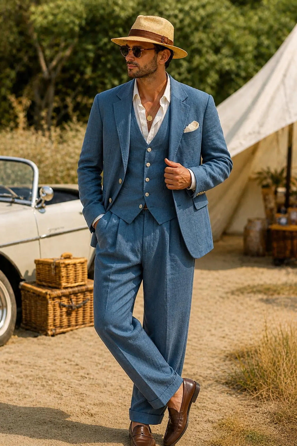 Completo Uomo Blu Polvere 3 Pezzi in Lino – Blazer, Gilet e Pantalone