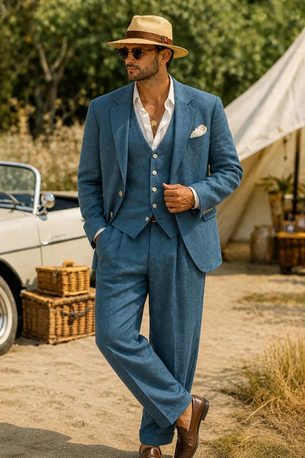 Completo Uomo Blu Polvere 3 Pezzi in Lino – Blazer, Gilet e Pantalone