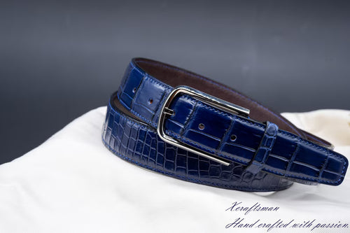 Cintura Uomo in Vera Pelle Blu Coccodrillo – Fibbia Argento Elegante