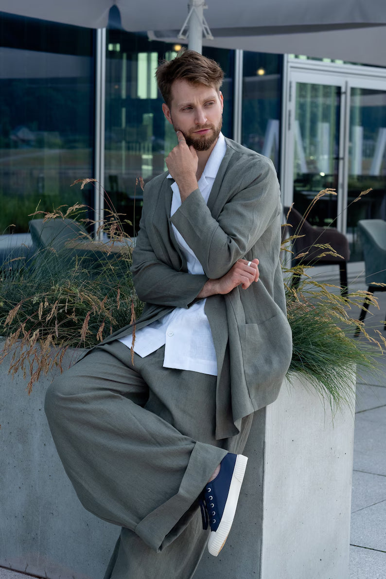 Completo Uomo Oversize in Lino Verde Salvia – Kimono e Pantalone
