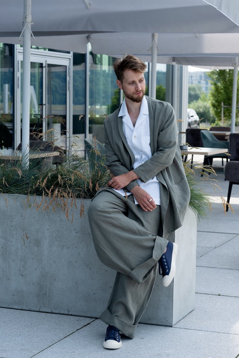 Completo Uomo Oversize in Lino Verde Salvia – Kimono e Pantalone