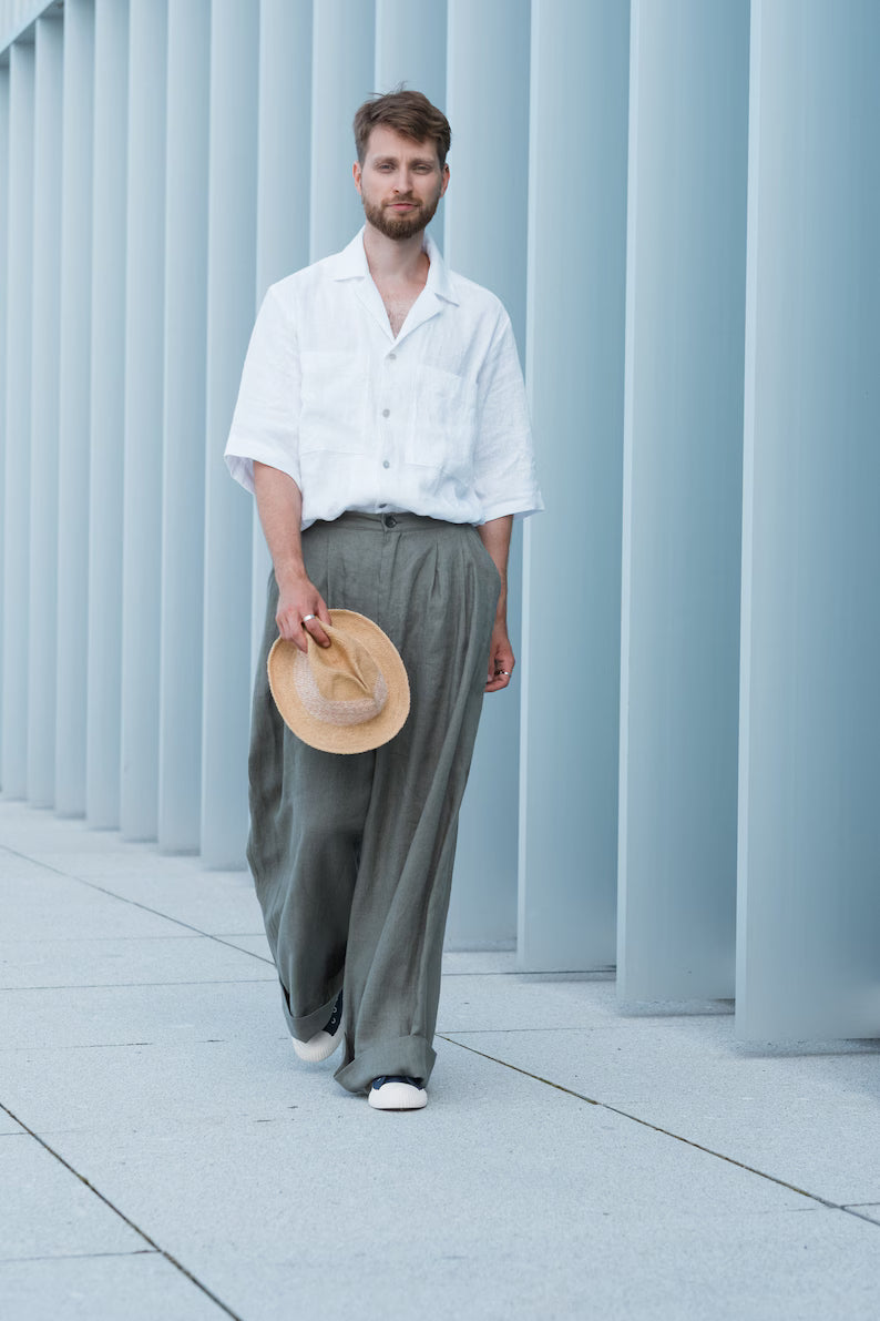 Completo Uomo Oversize in Lino Verde Salvia – Kimono e Pantalone