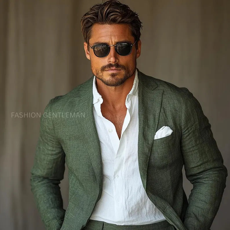 Completo Uomo Verde Oliva in Lino – Blazer e Pantalone Elegante