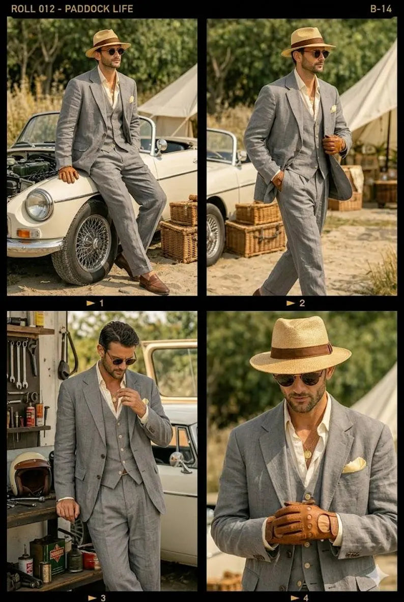 Completo Uomo Elegante in Lino Grigio 3 Pezzi – Blazer, Gilet e Pantalone