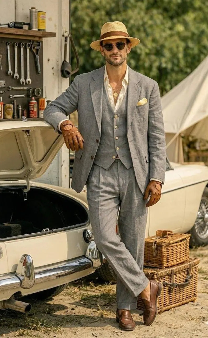 Completo Uomo Elegante in Lino Grigio 3 Pezzi – Blazer, Gilet e Pantalone