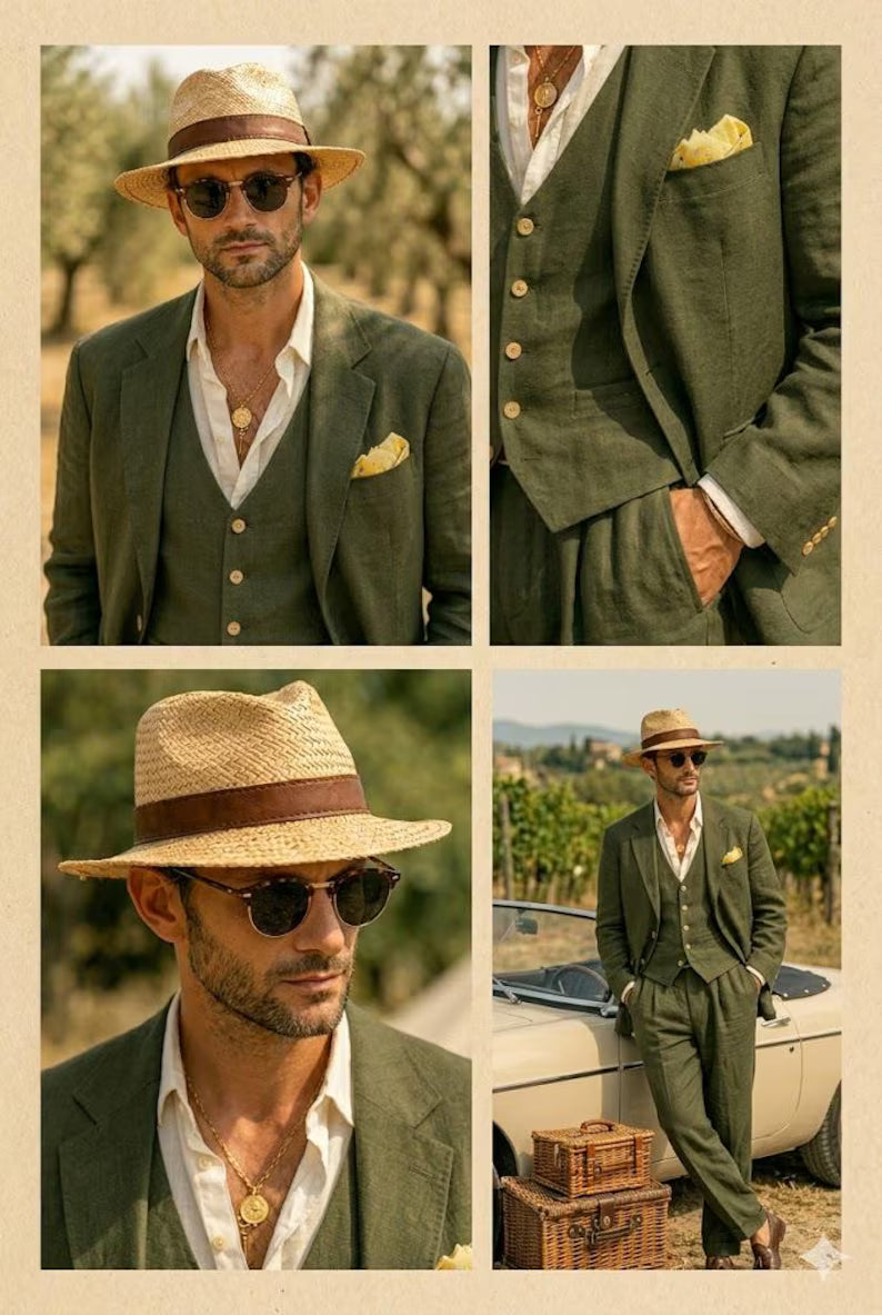 Completo Uomo in Lino Verde Militare 3 Pezzi – Blazer, Gilet e Pantalone