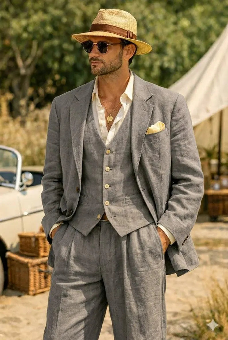 Completo Uomo Elegante in Lino Grigio 3 Pezzi – Blazer, Gilet e Pantalone