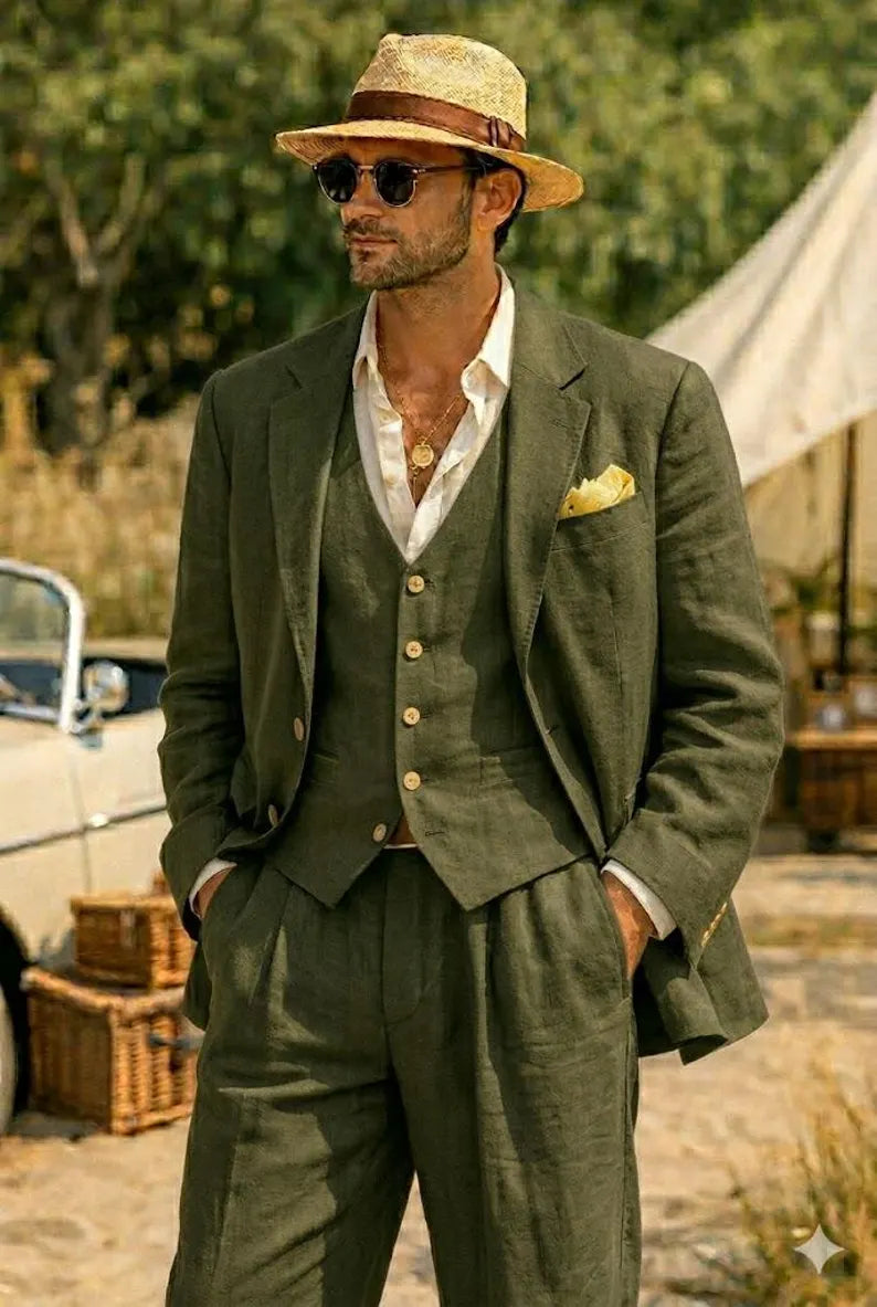 Completo Uomo in Lino Verde Militare 3 Pezzi – Blazer, Gilet e Pantalone
