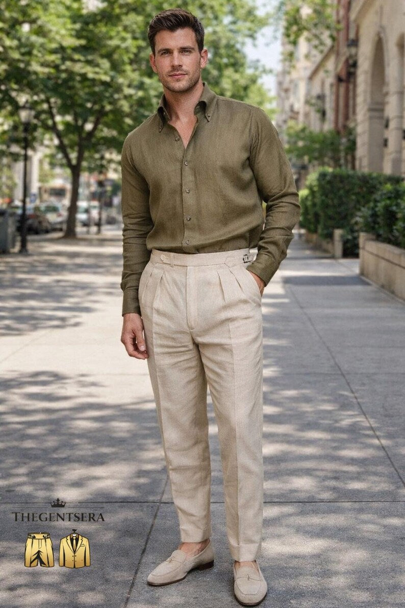 Camicia Uomo Verde Oliva in Lino con Pantalone Beige – Set Elegante Casual