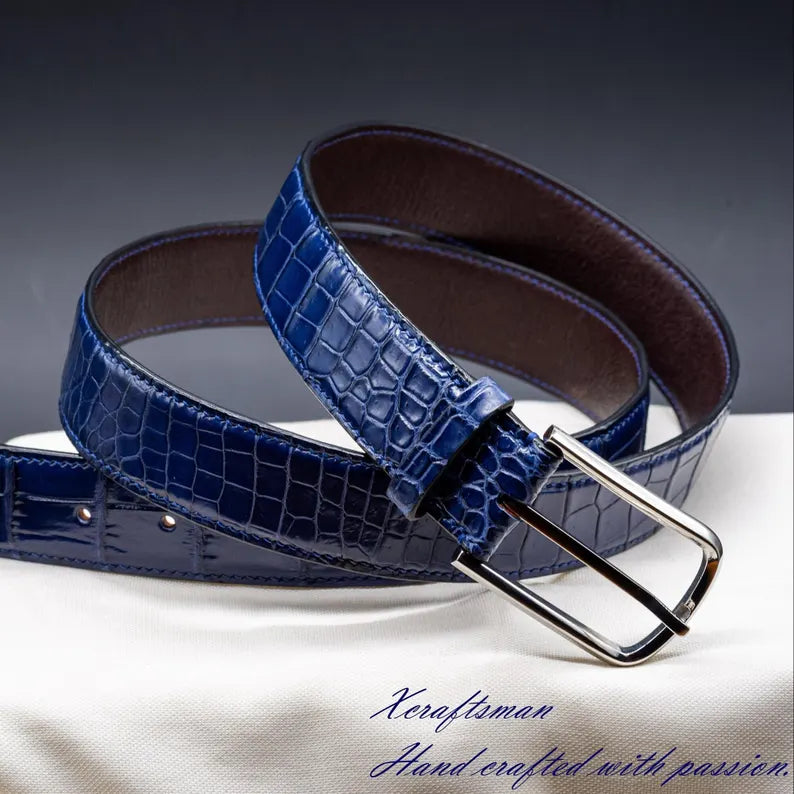 Cintura Uomo in Vera Pelle Blu Coccodrillo – Fibbia Argento Elegante