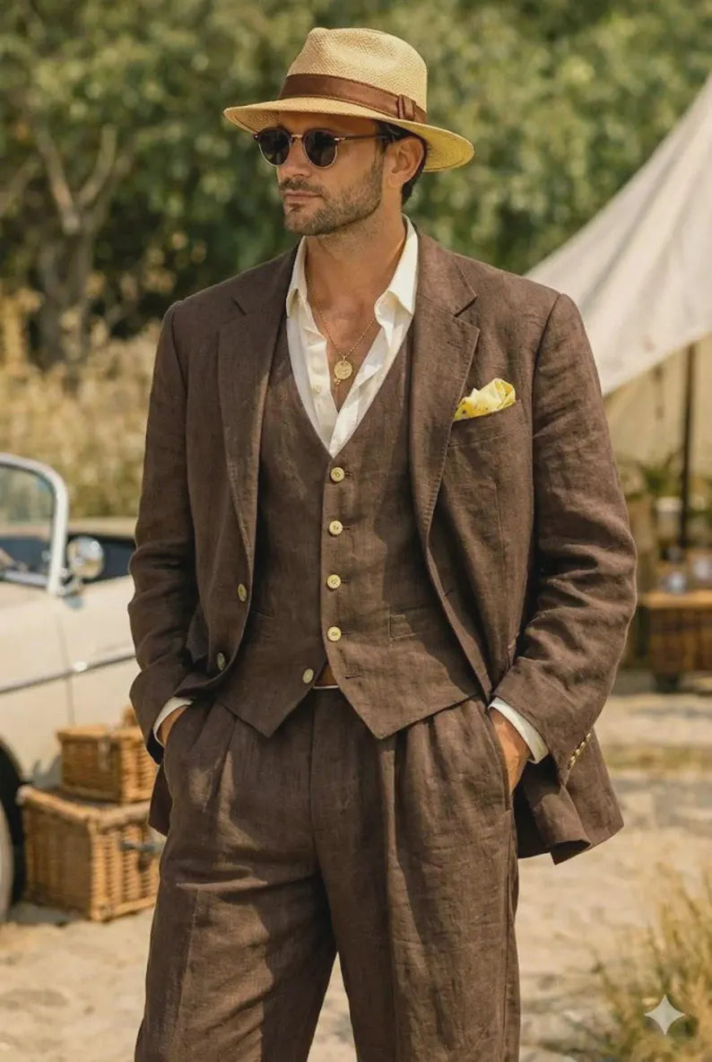 Completo Uomo Marrone Cioccolato 3 Pezzi in Lino – Blazer, Gilet e Pantalone