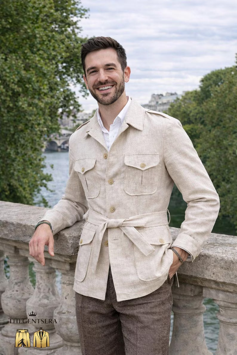 Giacca Safari Uomo in Lino Beige – Eleganza Casual Premium