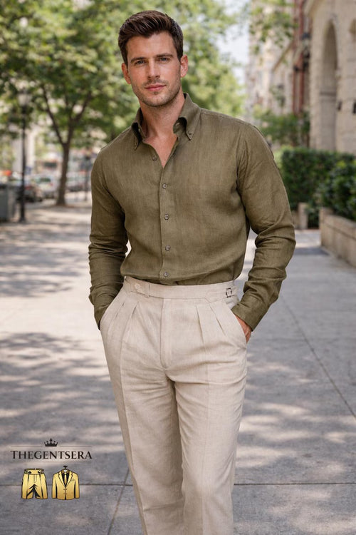 Camicia Uomo Verde Oliva in Lino con Pantalone Beige – Set Elegante Casual