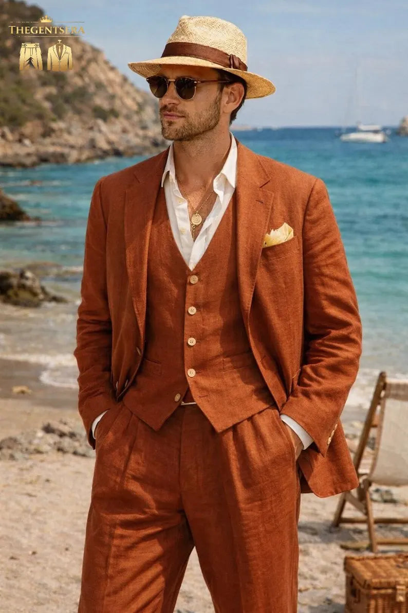 Completo Uomo Terracotta 3 Pezzi in Lino – Blazer, Gilet e Pantalone