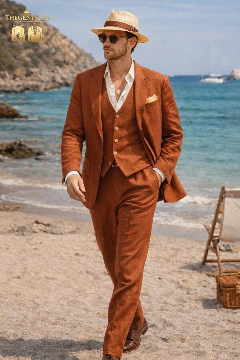 Completo Uomo Terracotta 3 Pezzi in Lino – Blazer, Gilet e Pantalone