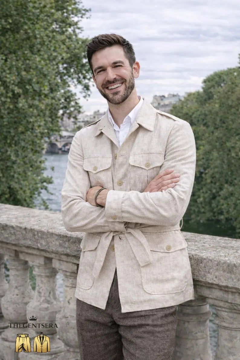 Giacca Safari Uomo in Lino Beige – Eleganza Casual Premium