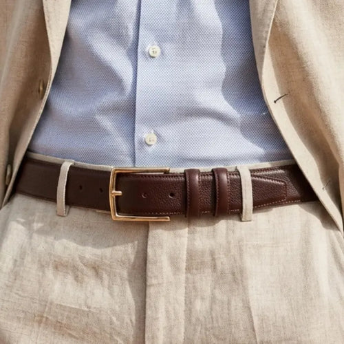 Cintura Uomo in Vera Pelle Marrone – Fibbia Dorata Classica