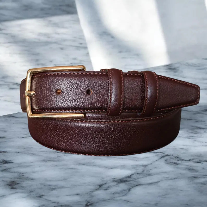 Cintura Uomo in Vera Pelle Marrone – Fibbia Dorata Classica