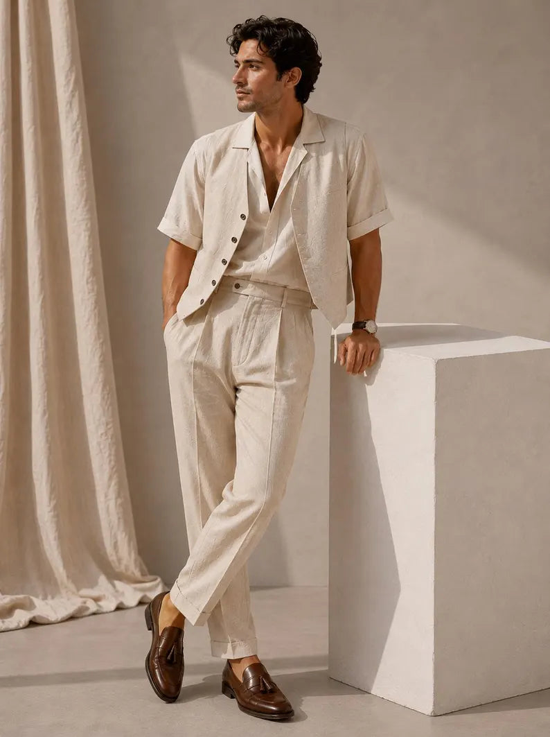 Completo Uomo Estivo in Lino Beige Avorio – Camicia, Gilet e Pantalone