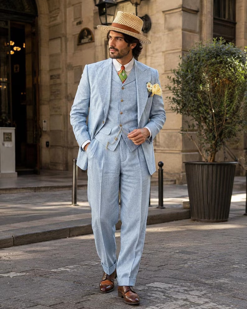 Completo Uomo Celeste 3 Pezzi in Lino – Blazer, Gilet e Pantalone